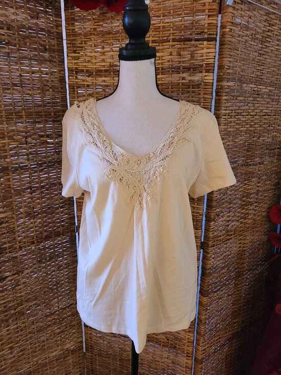 VTG Lauren Ralph Lauren Cap Sleeve Blouse Cotton Lace Trim Neckline SZ L Y2K - Picture 1 of 5